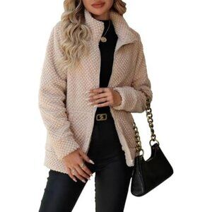 Women's Full Zip Stand Collar Fleece Sherpa Jacket with Pockets Apricot